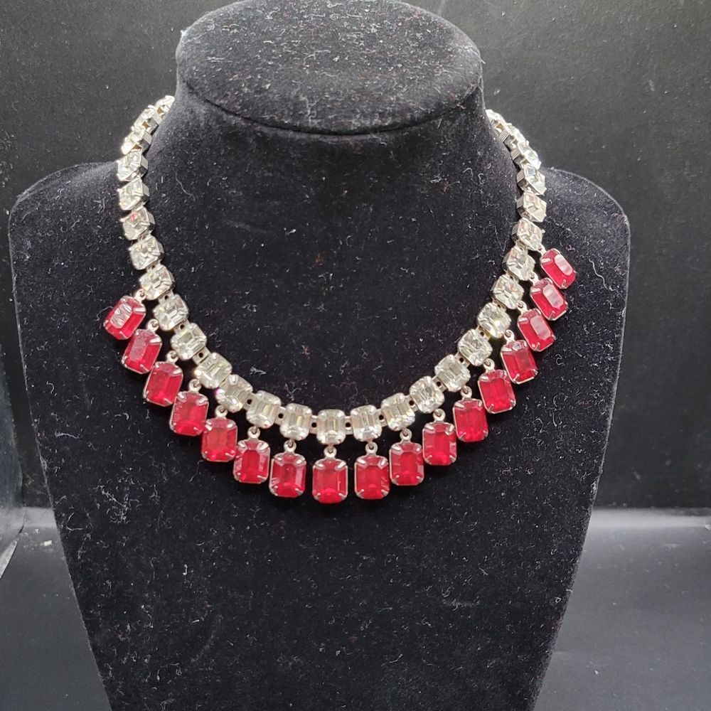 Vintage Silver tone Clear Pink Glass Dangle Choker necklace - Picture 3 of 14